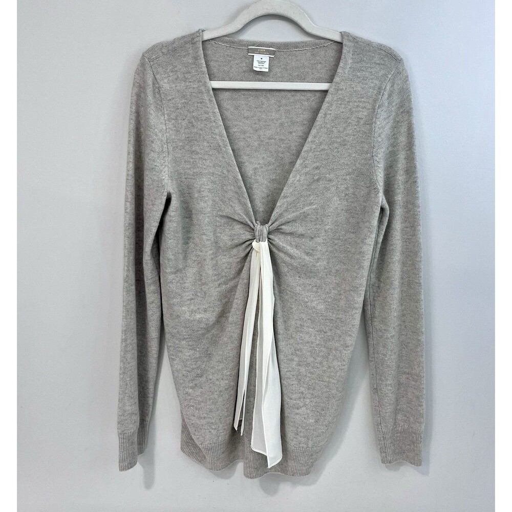 J. CREW WOMEN'S TAN PULLOVER V-NECK CASHMERE CARDIGAN SWEATER w/BOW TIE FRONT M